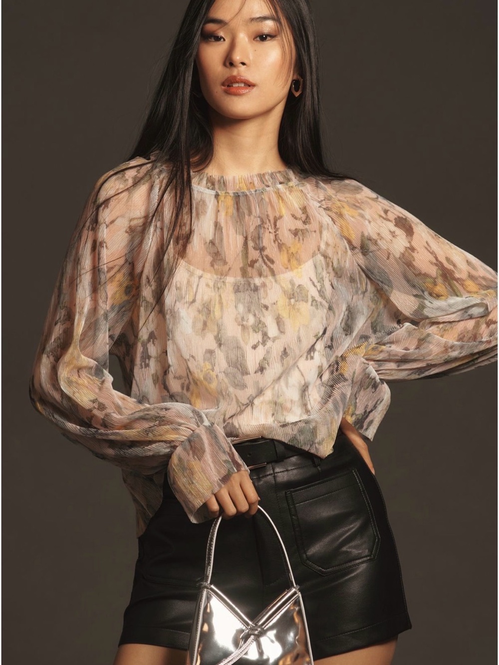 Anthropologie Sheer Floral Print Long-Sleeve Blouse - Pink Mix